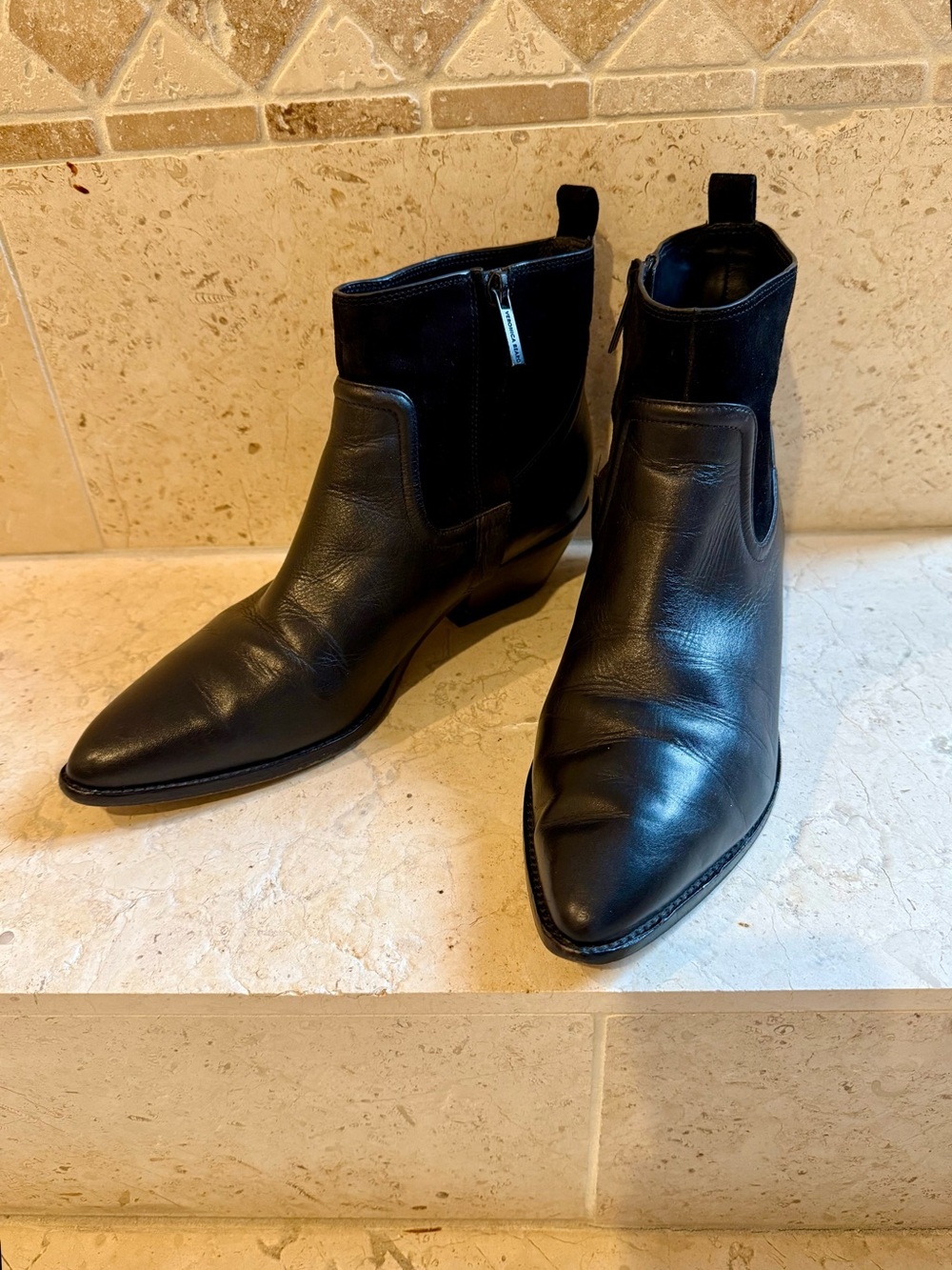Veronica Beard Kinsley Western Style Mixed Leather Boots, 9.5, Black